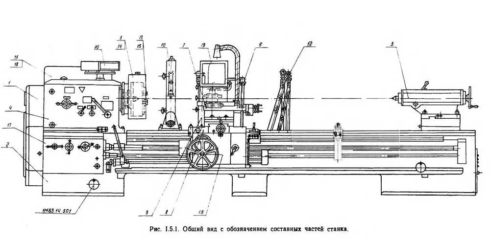 Размещение складових частин токарно-гвинторізного верстата 16К40, 16к40п 16К40, 16к40п Размещение складових частин